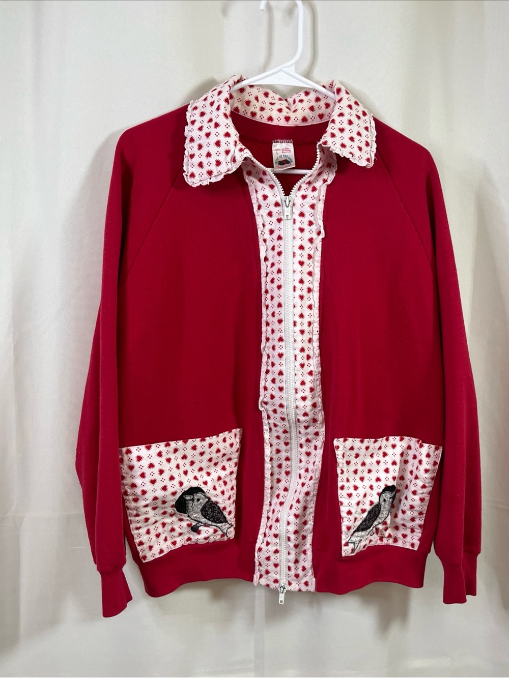 VTG Fruit of the Loom Cardigan Jacket Women L Red Heart bird F. Zip Made in USA